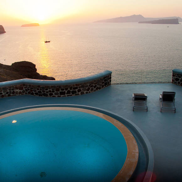 Grand Ambassador Santorini Serenity Two Bedroom Suite private pool terrace with sunset caldera and sea views